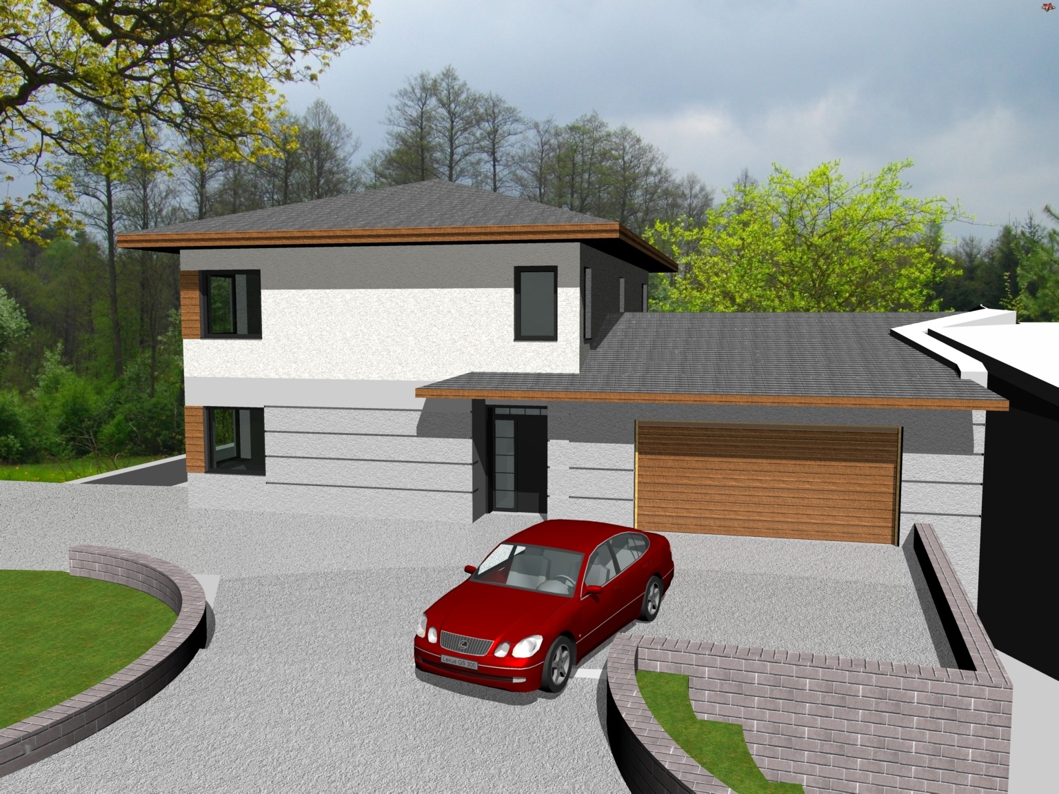 Wizualizacja domu dwukondygnacyjnego z garażem i czerwonym autem na podjeździe. Projekt domu w stylu nowoczesnym, z płaskim dachem i elewacją w odcieniach szarości i bieli.