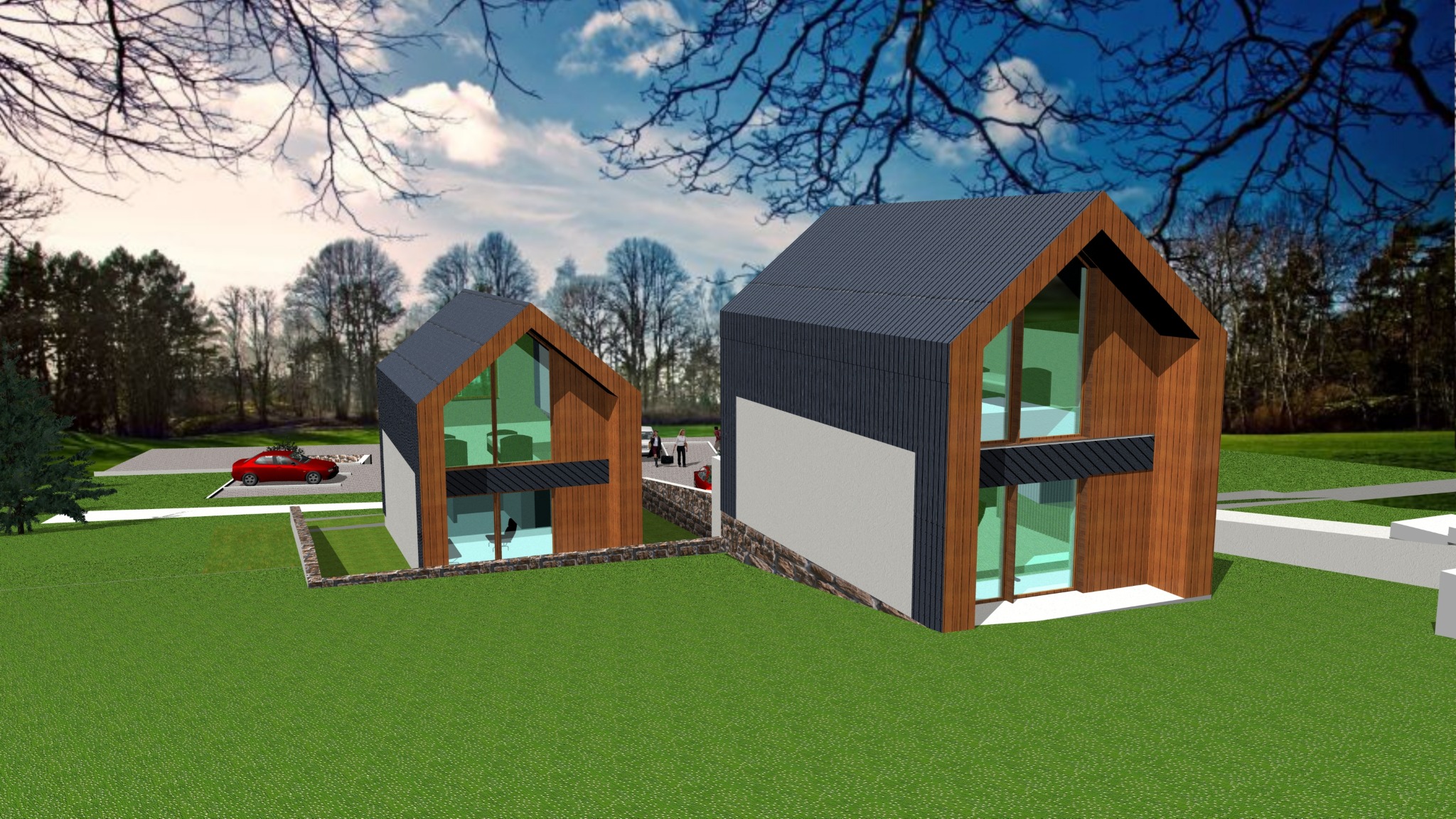 Wizualizacja dwóch nowoczesnych domów jednorodzinnych z dużymi przeszkleniami, drewnianą elewacją i ciemnymi dachami na tle zielonego trawnika i drzew.