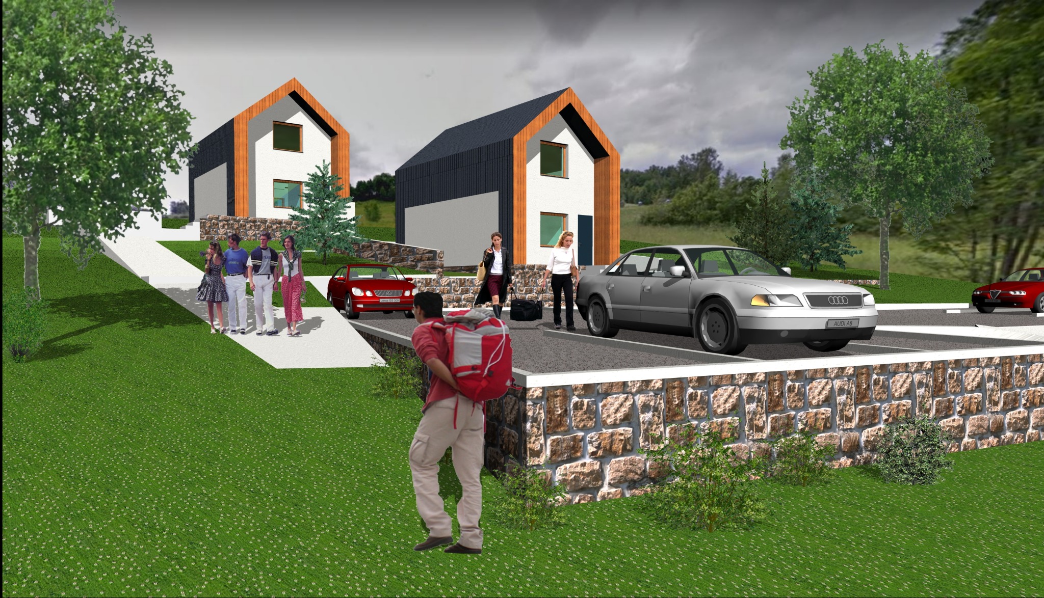 Wizualizacja 3D: Dwa nowoczesne domy jednorodzinne z ciemnymi dachami i jasnymi elewacjami, otoczone zielenią, z ludźmi i samochodami. Istebna, pozwolenie na budowę 2022.