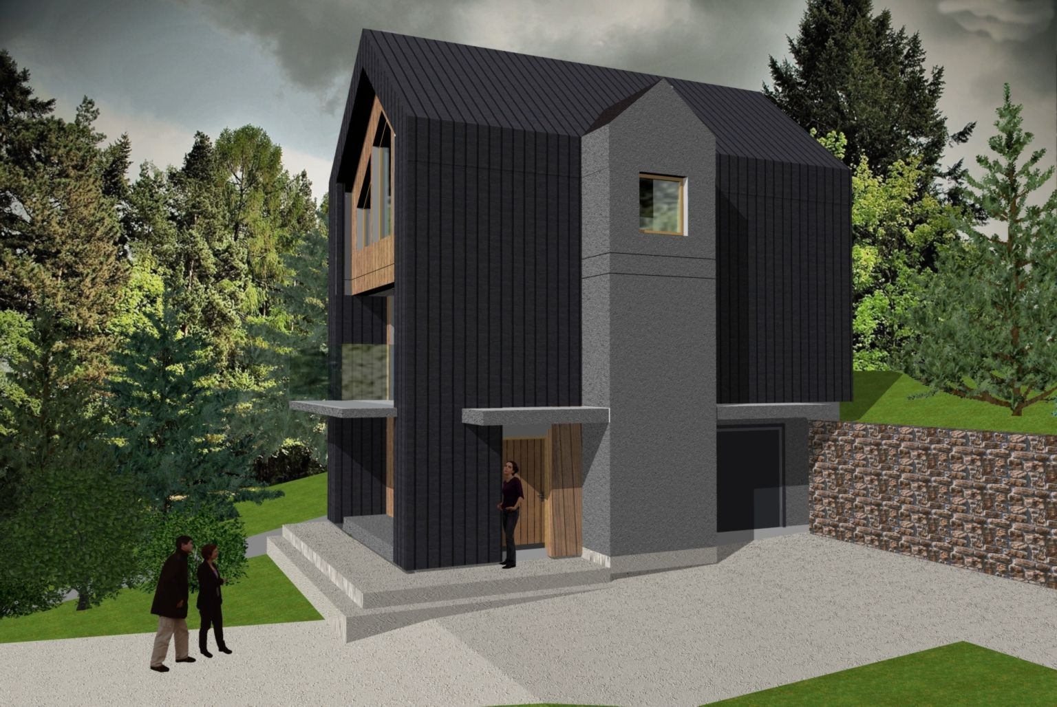 Wizualizacja domu jednorodzinnego w nowoczesnym stylu z ciemną elewacją i drewnianymi akcentami, otoczonego zielenią. Projekt architektoniczny z Czeladzi.