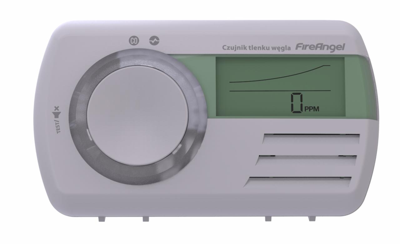 Biały czujnik tlenku węgla FireAngel z wyświetlaczem wskazującym 0 PPM, widoczne otwory wentylacyjne i przycisk testowy.