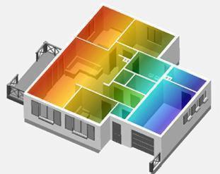 Kolorowy schemat 3D rozkładu pomieszczeń budynku z zaznaczonymi strefami energetycznymi, widok z góry.