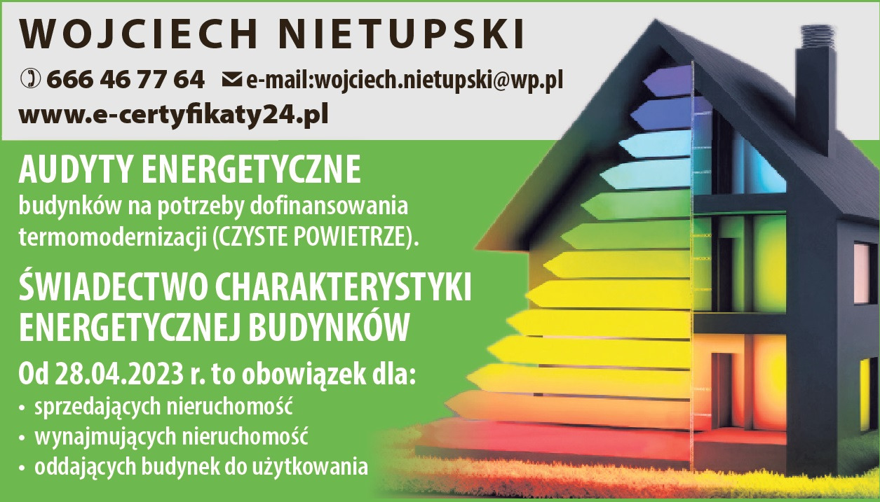 Grafika reklamowa firmy Wojciech Nietupski oferującej audyty i świadectwa charakterystyki energetycznej budynków, z ilustracją budynku i kolorową skalą efektywności energetycznej.