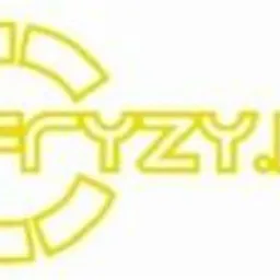 Żółte logo fryzy.pl z nazwą firmy wpisaną w okrąg, na białym tle. Tekst i grafika w jednolitej, neonowej kolorystyce.