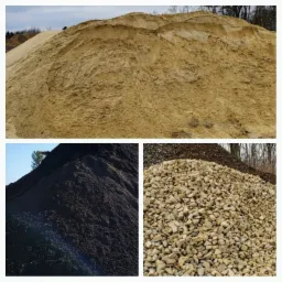 Kompozycja z trzech ujęć: Góra piasku o nieregularnej fakturze, ciemna pryzma ziemi oraz stos jasnego żwiru na tle drzew.