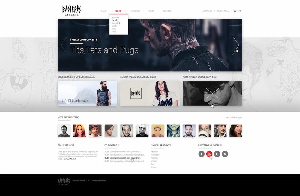 Widok strony internetowej sklepu odzieżowego z menu rozwijanym 'Sklep' i sliderem z hasłem 'Tits, Tats and Pugs' oraz sekcją 'Meet the Basterds' z portretami zespołu.