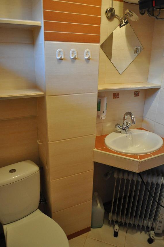 Łazienka w mieszkaniu do wynajęcia: toaleta, umywalka z szafką, lustro i grzejnik.