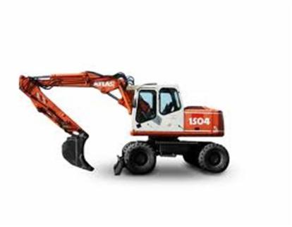 Pomarańczowo-biała koparka kołowa Atlas 1504, widok z boku na białym tle.