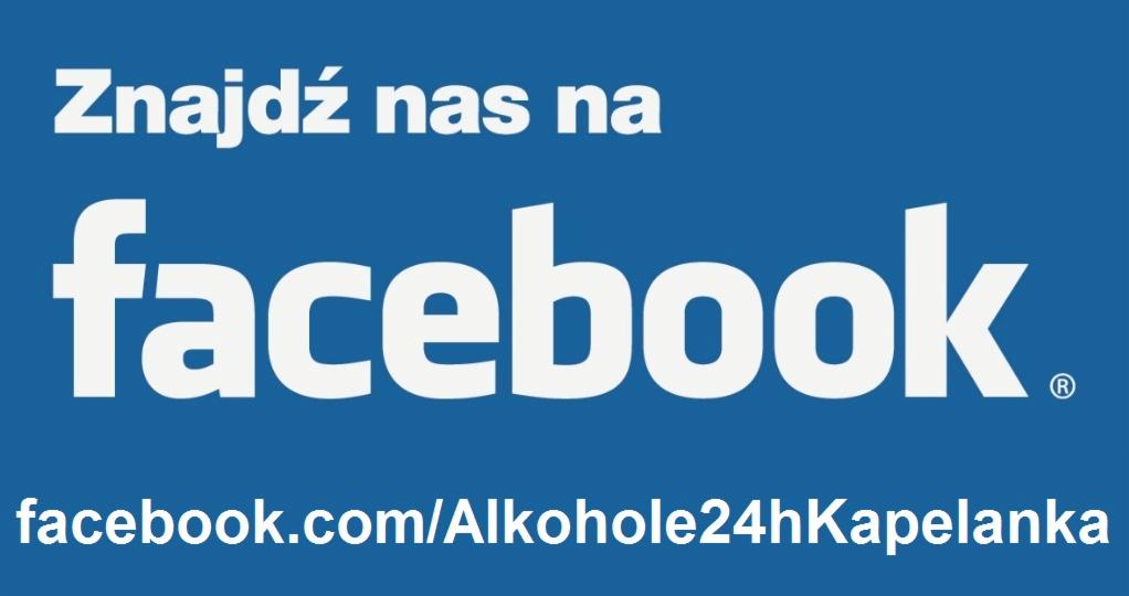 Niebieski baner z białym napisem 'Znajdź nas na facebook.com/Alkohol24hKapelanka'.