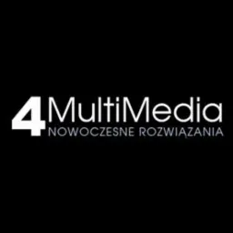 Białe logo firmy '4MultiMedia' z napisem 'NOWOCZESNE ROZWIĄZANIA' na czarnym tle.