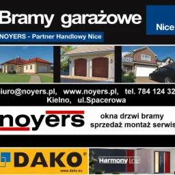 Reklama firmy Noyers: bramy garażowe, okna, drzwi. Zdjęcia domów z bramami, logo Noyers i Dako, dane kontaktowe. Sprzedaż, montaż, serwis.