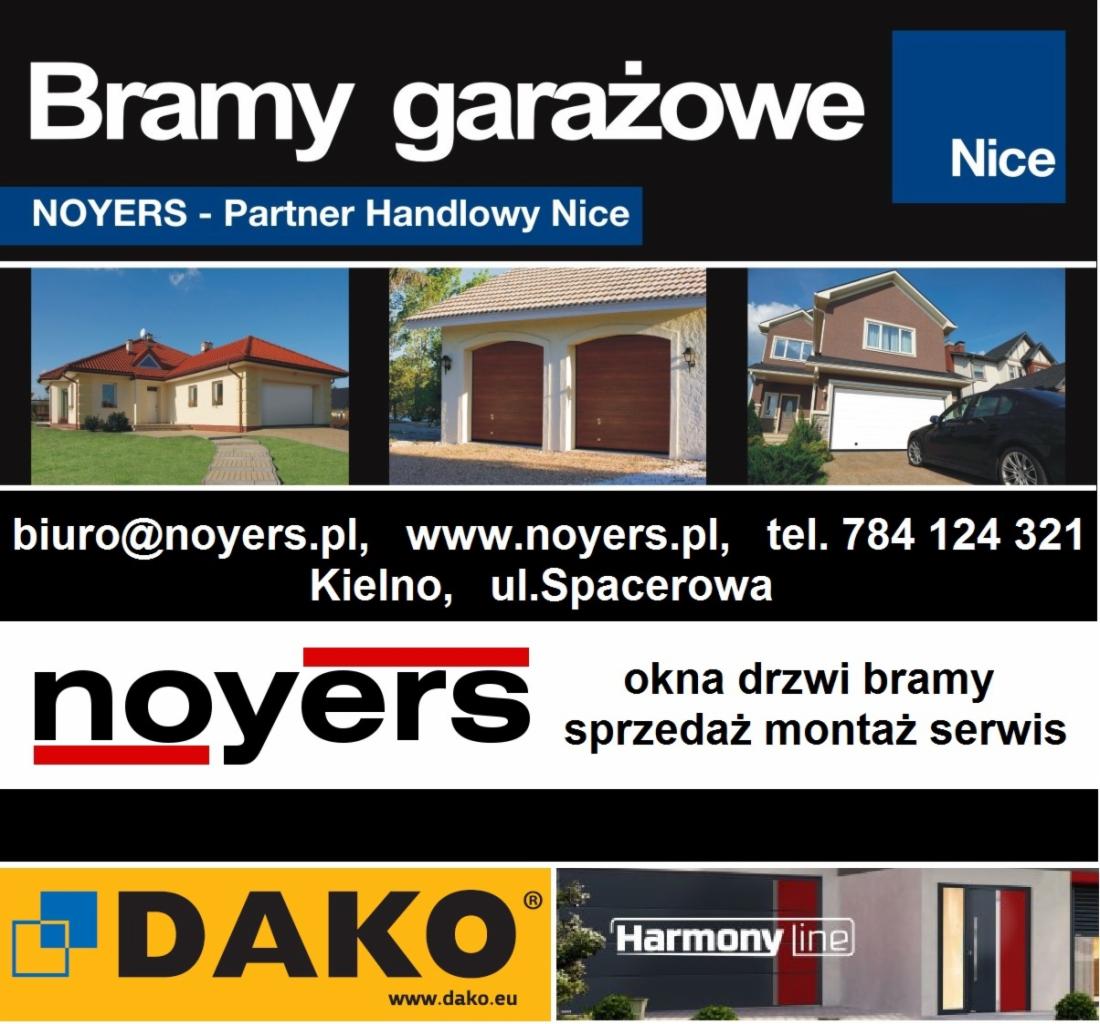 Reklama firmy Noyers: bramy garażowe, okna, drzwi. Zdjęcia domów z bramami, logo Noyers i Dako, dane kontaktowe. Sprzedaż, montaż, serwis.