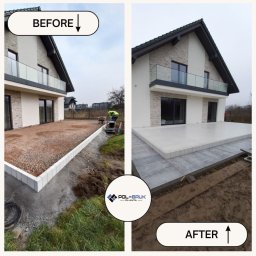 Pol-Bruk Planta Sp zoo - Zdjęcie typu 'przed i po' prezentujące taras: po lewej przygotowany teren z podsypką, po prawej ułożona jasna nawierzchnia tarasu przy nowoczesnym domu.