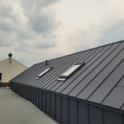 Nowoczesny, grafitowy dach z blachy trapezowej z dwoma oknami dachowymi, widok z góry na tle pochmurnego nieba i sąsiednich budynków.