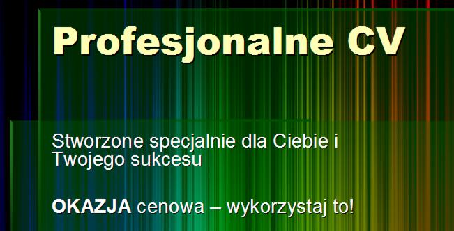Grafika reklamowa z tekstem: Profesjonalne CV stworzone specjalnie dla Ciebie i Twojego sukcesu, OKAZJA cenowa - wykorzystaj to! na abstrakcyjnym zielono-niebieskim tle z pionowymi liniami.