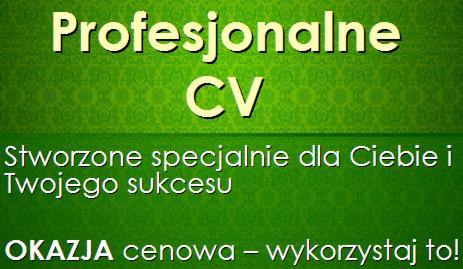 Grafika reklamowa z hasłem 'Profesjonalne CV', zielone tło z ornamentem, napis 'Stworzone specjalnie dla Ciebie i Twojego sukcesu' oraz informacja o okazji cenowej.