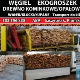 Kompozycja zdjęć prezentująca węgiel, ekogroszek i pocięte drewno opałowe, ułożone w stosy i worki, z widocznym transportem ciężarowym i informacją kontaktową firmy.