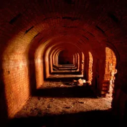 Długi ceglany tunel z łukowymi przejściami, oświetlony ciepłym światłem, ukazujący proces renowacji zabytkowej budowli.