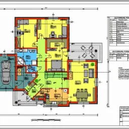 Kolorowy plan parteru domu jednorodzinnego z garażem, zawierający zestawienie powierzchni pomieszczeń i techniczne uwagi, umieszczony na białym tle.