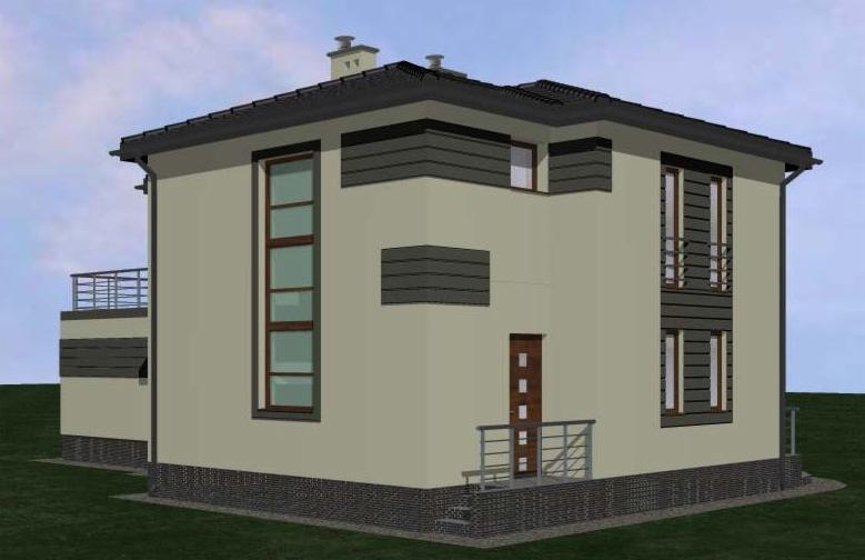 Wizualizacja domu dwukondygnacyjnego z płaskim dachem i balkonem, elewacja w odcieniach beżu i szarości, z ciemną podmurówką. Ujęcie z boku, widoczne okna i drzwi wejściowe.