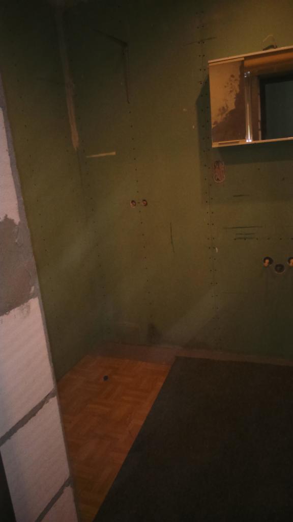 Wnętrze łazienki w trakcie remontu: zielona ściana z widocznymi punktami instalacji elektrycznej, fragment ściany z surowego betonu, fragment parkietu i czarnej wykładziny podłogowej, lustro...