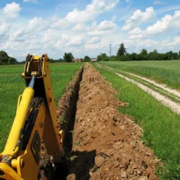 Żółta koparka JCB wykopuje długi, wąski rów na polu w słoneczny dzień z chmurami, widoczna droga polna w tle.