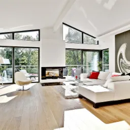 Jasny salon z parkietem, białym narożnikiem z czerwonymi poduszkami, kominkiem i dużym abstrakcyjnym obrazem na ścianie; widok na balkon z zielenią za oknem.