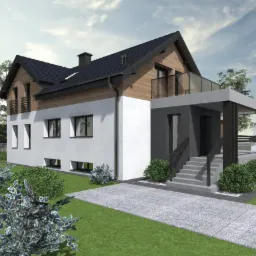 Wizualizacja domu dwukondygnacyjnego z płaskim dachem nad wejściem, wykończonego białym tynkiem i drewnianą elewacją, z balkonem ze szklaną balustradą.