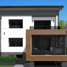 Wizualizacja dwukondygnacyjnego domu murowanego z elementami drewnianymi, białymi ścianami i szarym dachem, z numerem '11' na elewacji.