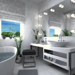 Nowoczesna łazienka w bieli z marmurowymi płytkami, wolnostojąca wanna wypełniona wodą, umywalka nablatowa o owalnym kształcie, duże lustro z oświetleniem punktowym i rolety rzymskie w oknie.