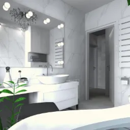 Wizualizacja nowoczesnej łazienki z marmurowymi płytkami, umywalką nablatową, grzejnikiem drabinkowym i dekoracyjną rośliną doniczkową w pierwszym planie.