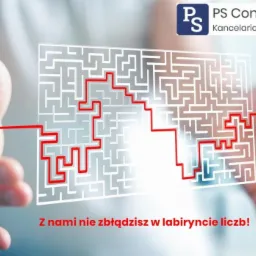 Dłoń wskazująca drogę przez labirynt z zaznaczoną czerwoną ścieżką, logo PS Consulting Kancelaria Finansowo-Księgowa, hasło: Z nami nie zbłądzisz w labiryncie liczb!