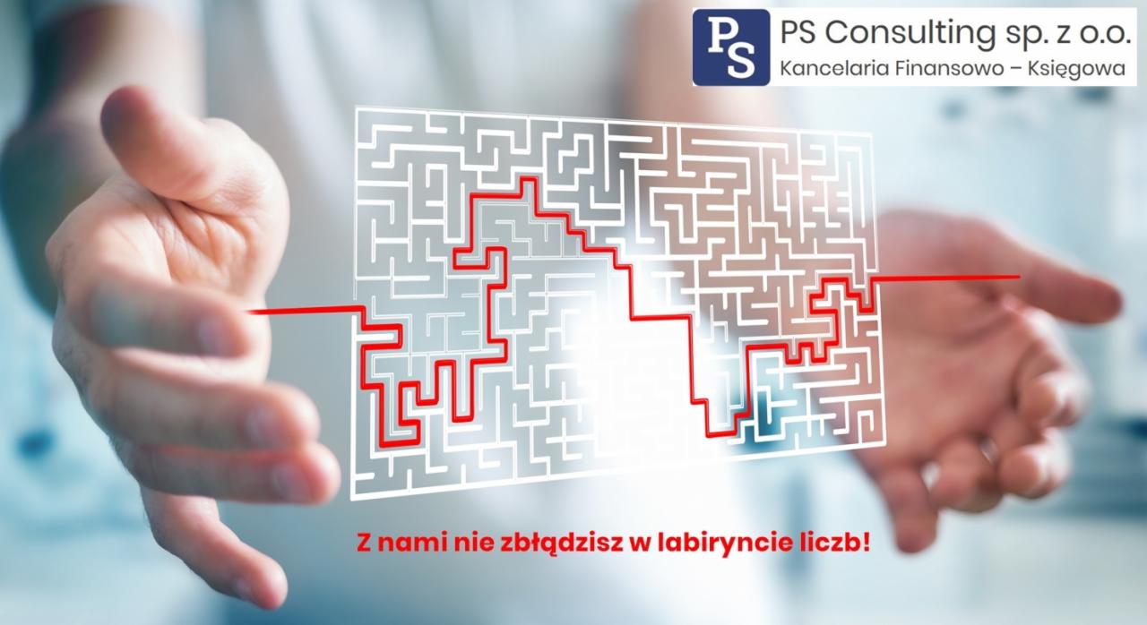 Dłoń wskazująca drogę przez labirynt z zaznaczoną czerwoną ścieżką, logo PS Consulting Kancelaria Finansowo-Księgowa, hasło: Z nami nie zbłądzisz w labiryncie liczb!