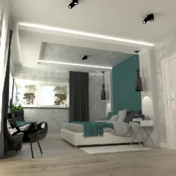Wizualizacja sypialni z łóżkiem, turkusowym panelem ściennym, designerskim fotelem i oświetleniem punktowym.
