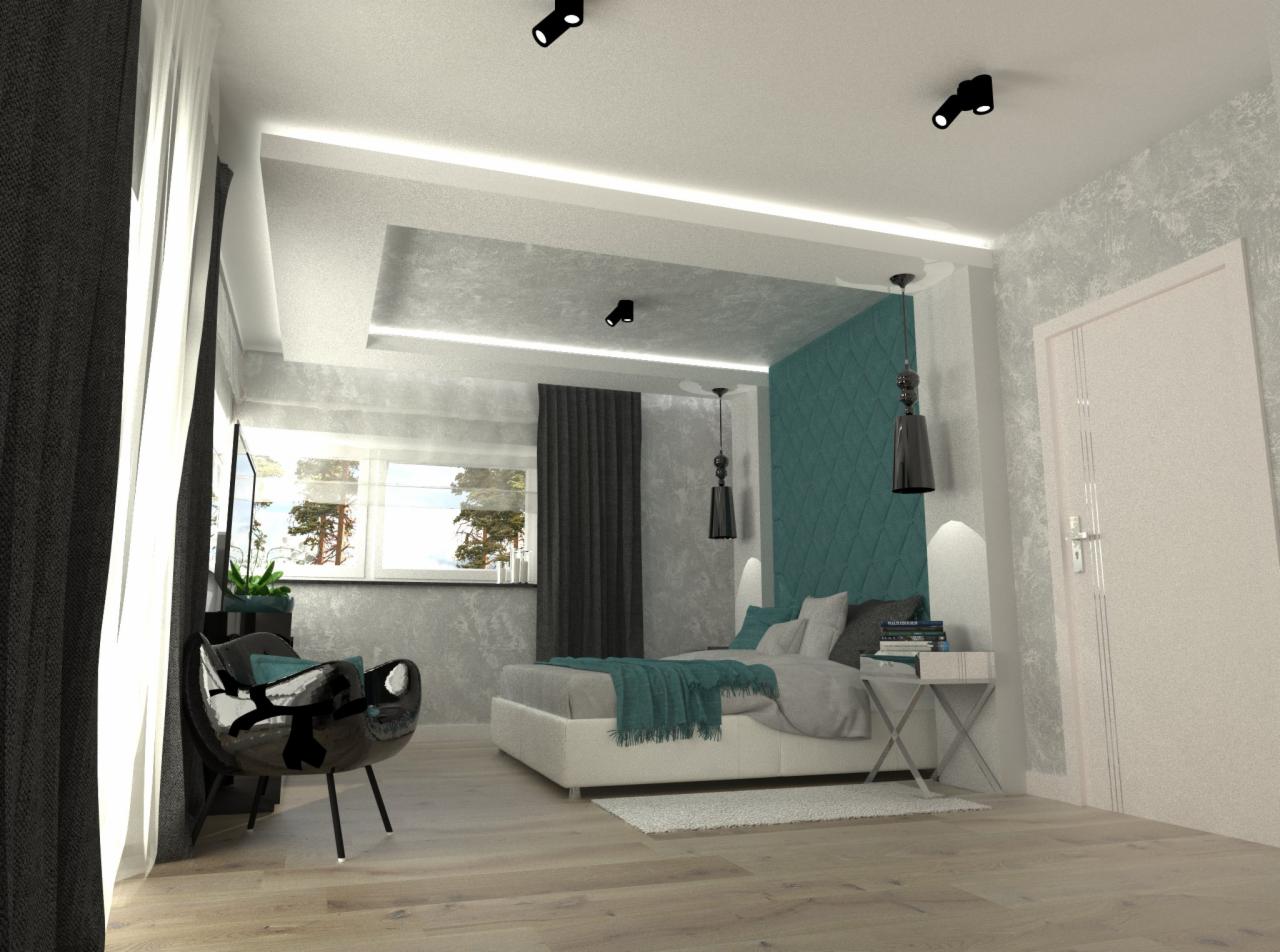 Wizualizacja sypialni z łóżkiem, turkusowym panelem ściennym, designerskim fotelem i oświetleniem punktowym.