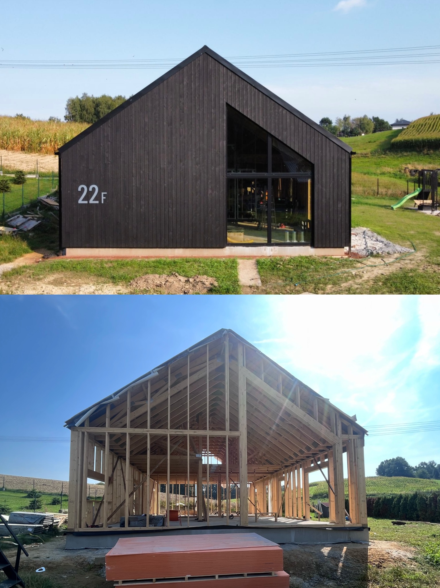 Dwa ujęcia domu w Jastrzębiu-Zdroju: górne przedstawia budynek z czarną, drewnianą elewacją i dużym oknem, z numerem '22F' na ścianie, dolne ukazuje szkieletową konstrukcję domu z drewnianych belek...