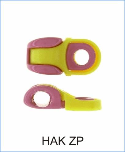 Dwa plastikowe zapięcia HAK ZP w kolorze żółto-różowym, widok z góry i z boku, na białym tle.