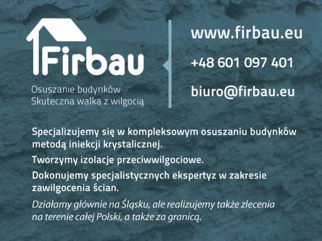 Grafika reklamowa firmy Firbau specjalizującej się w osuszaniu budynków metodą iniekcji krystalicznej i izolacjach przeciwwilgociowych, z podanym adresem strony internetowej, numerem telefonu...