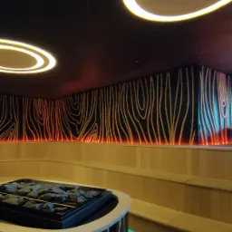 Nowoczesna sauna z dekoracyjnym oświetleniem LED: okrągłe lampy sufitowe, podświetlana ściana z motywem drewna i zielone podświetlenie ławek.