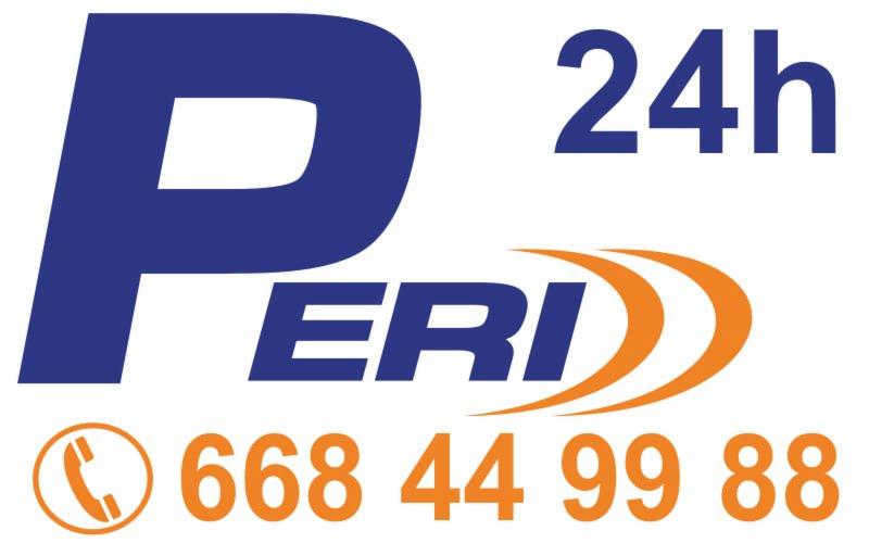 Logo firmy z dużą literą 'P', napisem 'ERI' z pomarańczowymi elementami graficznymi, informacją '24h' oraz numerem telefonu w kolorze pomarańczowym i ikoną słuchawki.