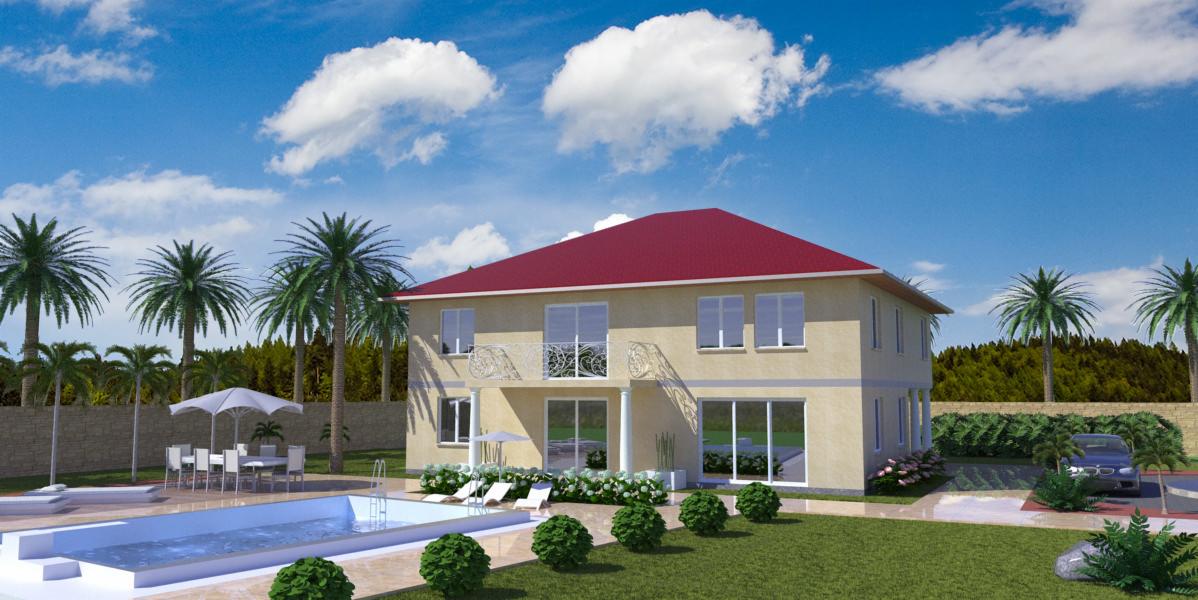 Fotorealistyczna wizualizacja dwukondygnacyjnego domu z czerwonym dachem, basenem, palmami i ogrodem, prezentująca projekt architektoniczny w tropikalnym otoczeniu.