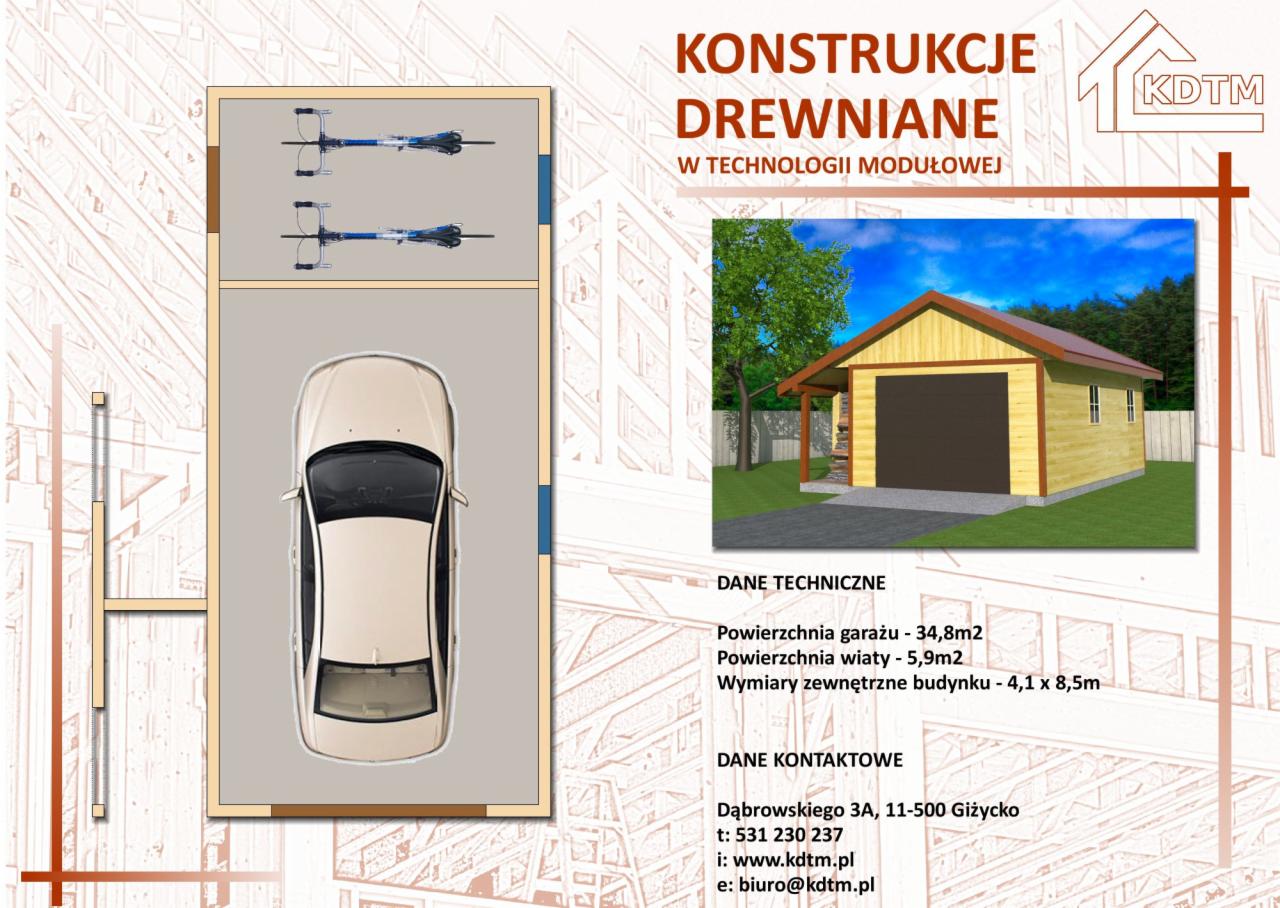 Wizualizacja drewnianego garażu modułowego z wiatą, rzut z góry z samochodem i rowerami, oraz trójwymiarowy model budynku z otoczeniem.