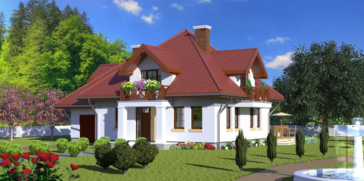 Fotorealistyczna wizualizacja domu jednorodzinnego z czerwonym dachem, balkonem z kwiatami i zadbanym ogrodem z fontanną.