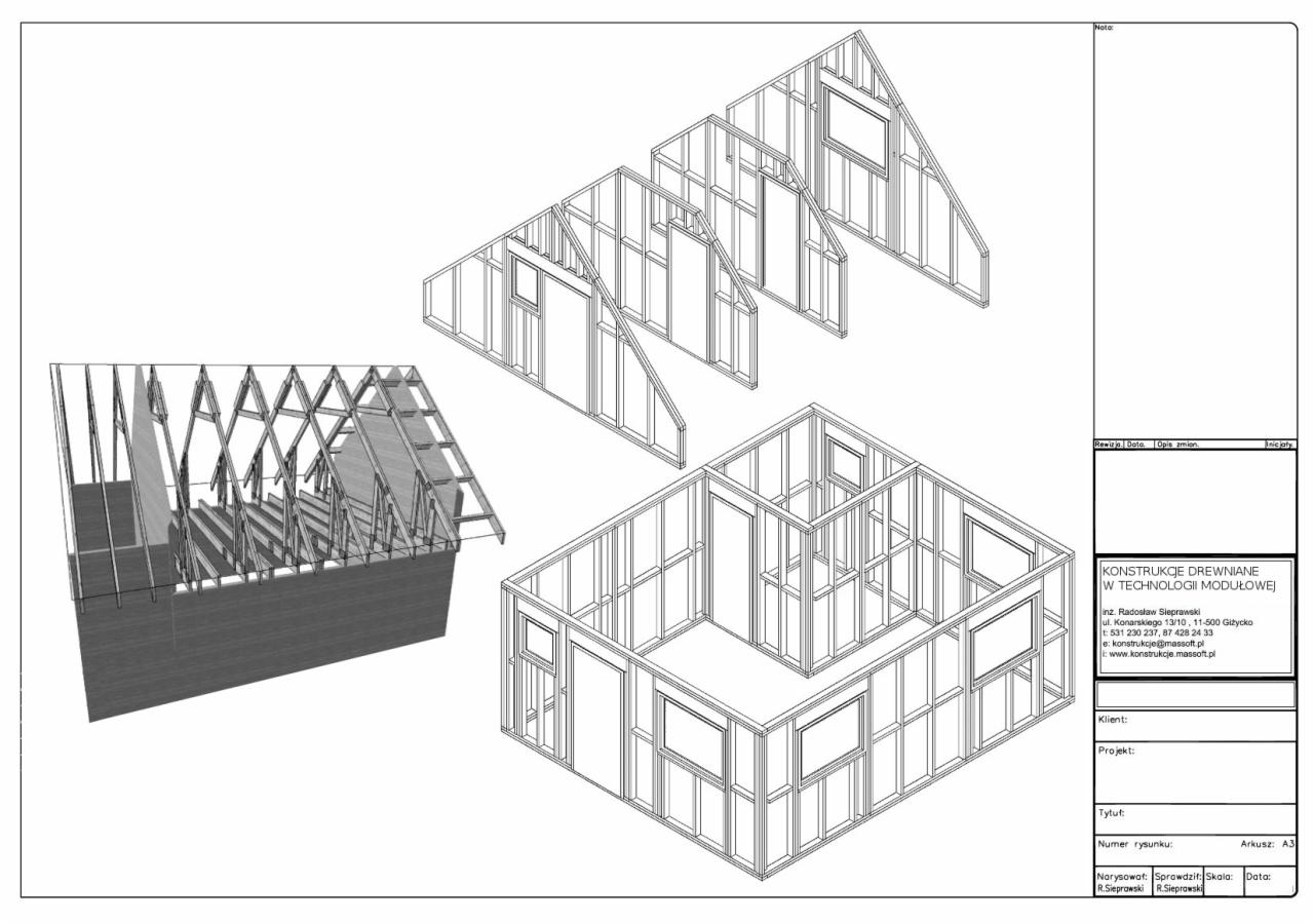 Rzut izometryczny konstrukcji drewnianej modułowej z Giżycka, przedstawiający szkielet budynku z dachem i ścianami, widoczne elementy stolarki okiennej i drzwiowej na rysunku technicznym.