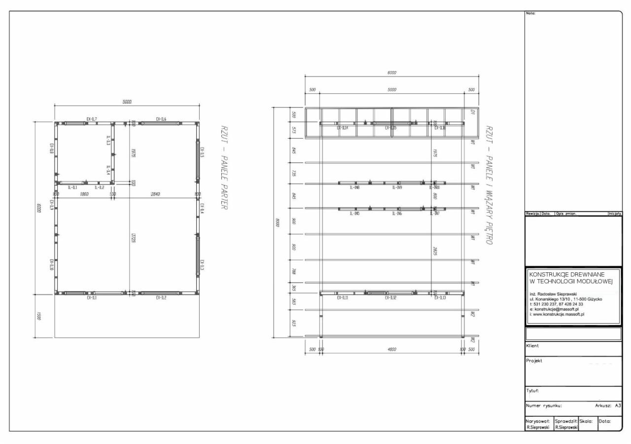 Rzut parteru i wiązarów piętra obiektu drewnianego w technologii modułowej, szczegółowy plan techniczny z wymiarami i oznaczeniami elementów konstrukcyjnych.