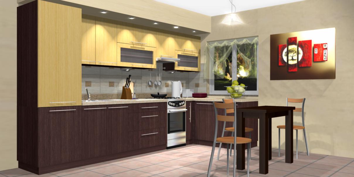 Wizualizacja kuchni z drewnianymi szafkami w odcieniach brązu i beżu, oświetleniem punktowym i stołem jadalnym z krzesłami.