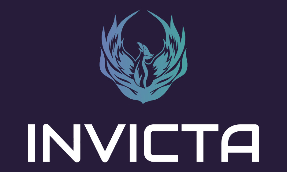 Logo firmy Invicta z gradientowym wizerunkiem feniksa na ciemnofioletowym tle.