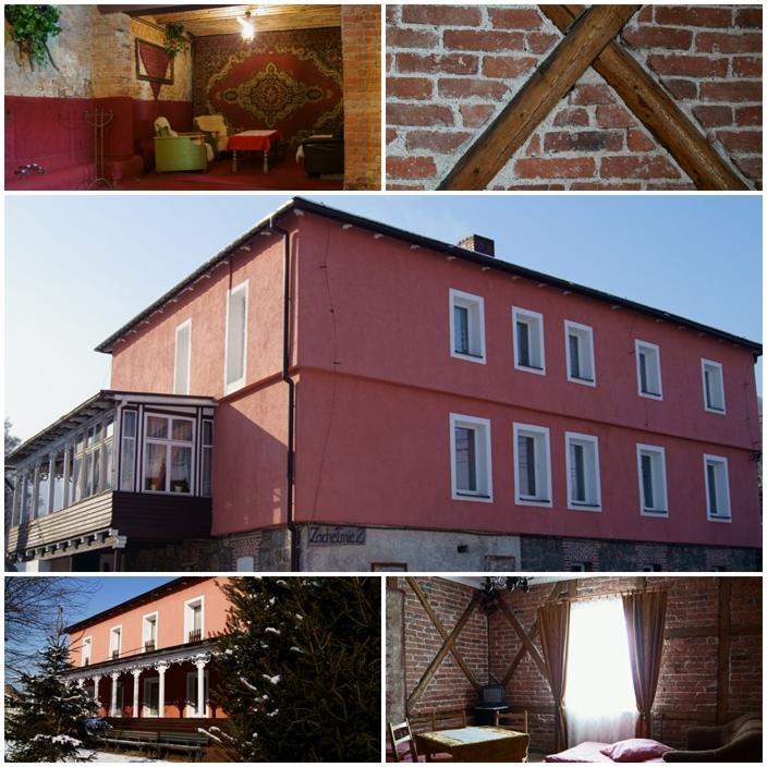 Karkonosze: Zewnętrzny widok pensjonatu z czerwonej cegły z werandą i pokojami z rustykalnym wnętrzem, w tym pokój z ceglanymi ścianami i drewnianymi belkami oraz pokój z dywanem w orientalne wzory.