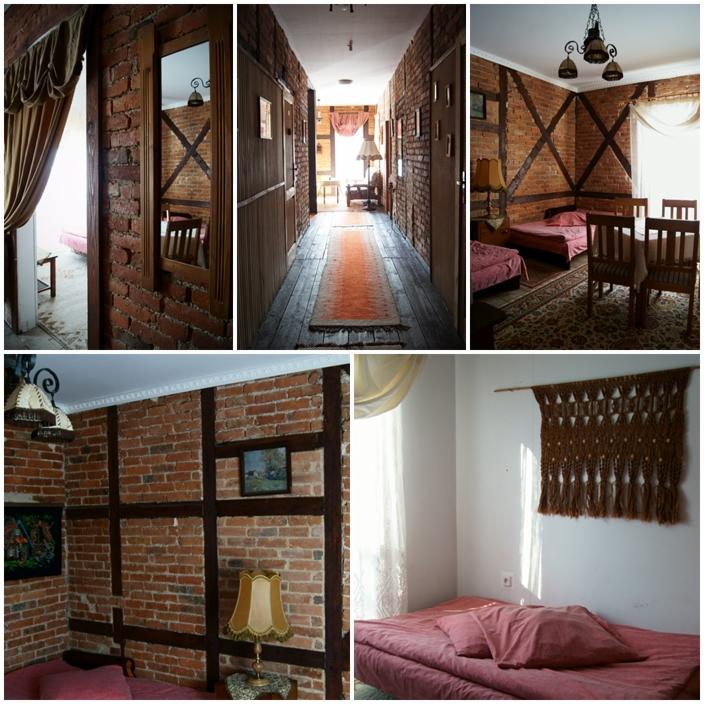 Wnętrza pokoi i korytarza w pensjonacie w Karkonoszach, z widoczną cegłą i drewnianymi elementami konstrukcyjnymi, w stylu rustykalnym.