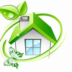 Grafika przedstawiająca dom z zielonym dachem, kominem, liśćmi z kroplami rosy i motylem, otoczona zielonymi liniami, symbolizująca ekologiczne rozwiązania mieszkaniowe.